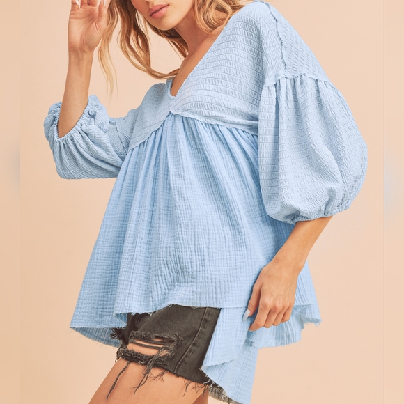 sunsetandshores Tops - F07 🌟 Smocked Gauze Oversized Top Light Blue Puff Sleeve Shirt, Sky Blue